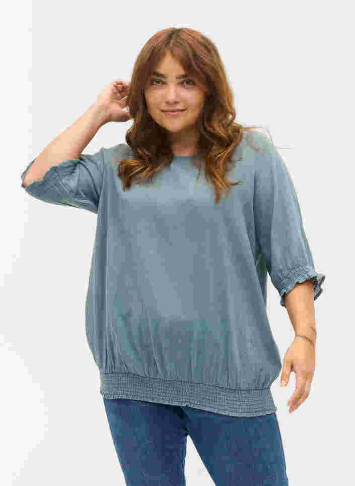 Katoenen blouse met smokwerk en korte mouwen, Goblin Blue, Model image number 0