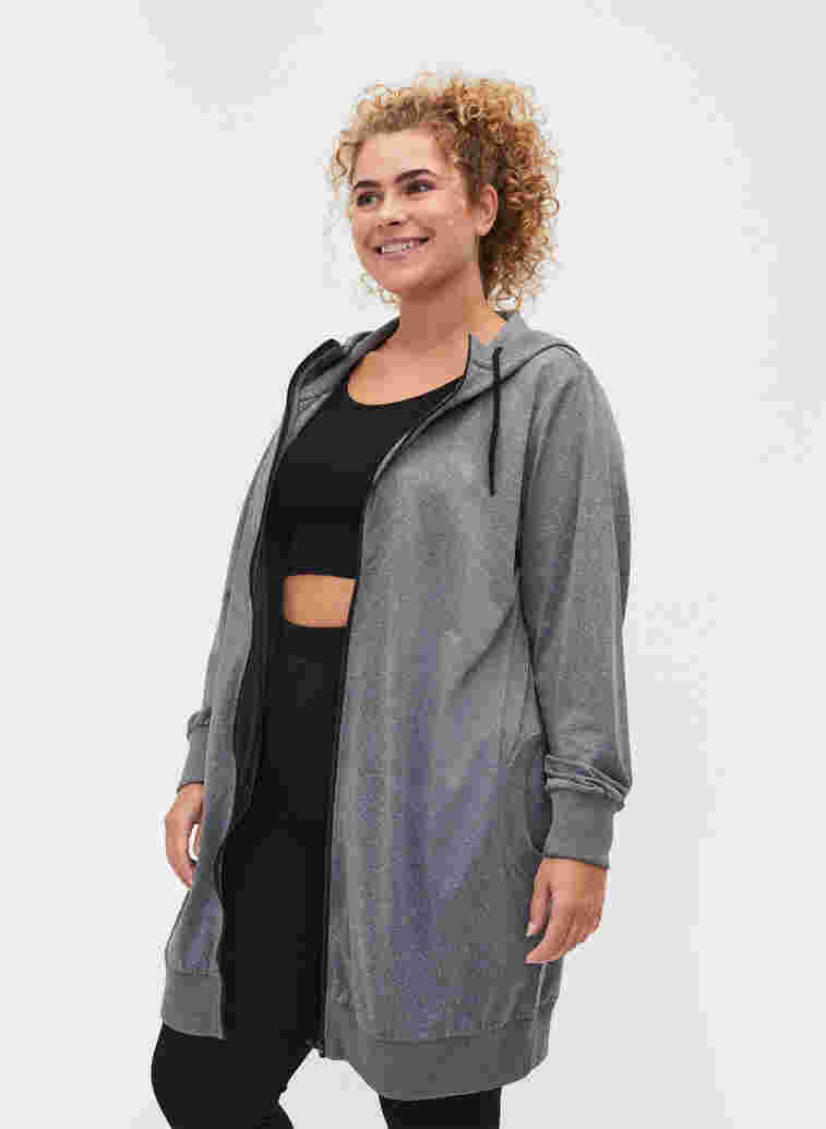 Cardigan de sport long avec capuche et poche, Grey Melange, Model image number 2