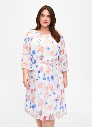 Robe plissée imprimée avec lien à nouer, White/Blue Floral, Model image number 0