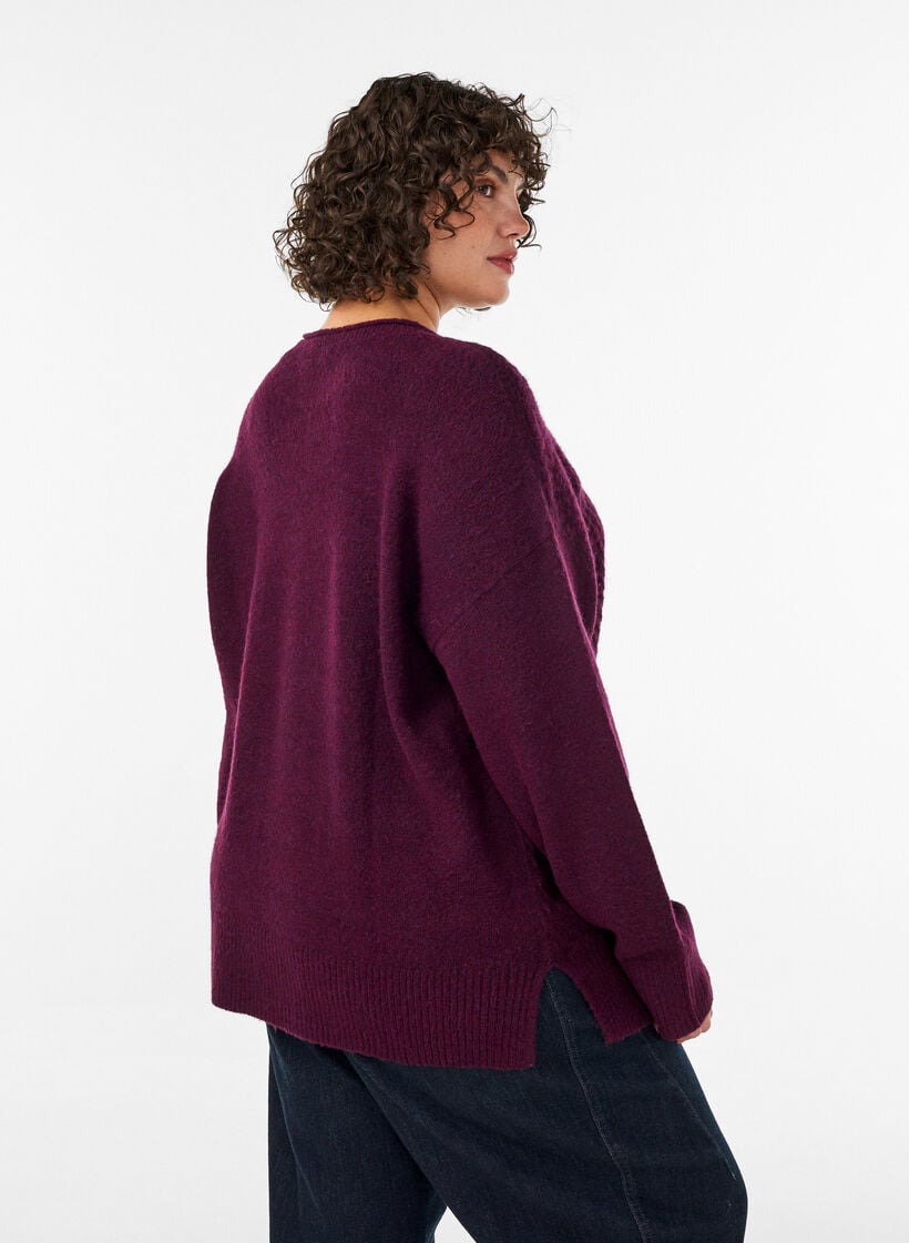 Gebreide blouse met V-vormig geribd patroon en zijsplitjes, Rood, Model image number 2