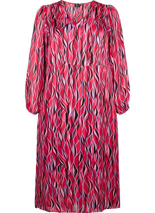 Robes midi à manches longues avec imprimé, Fuchsia Pink AOP, Packshot image number 0