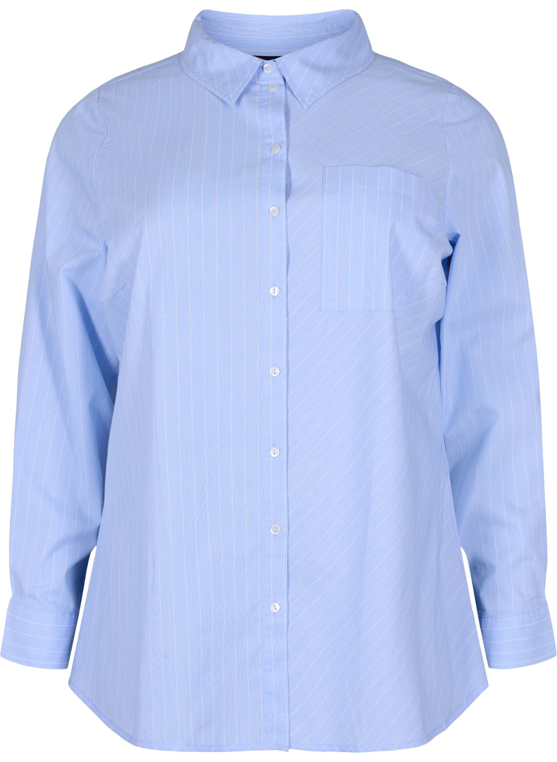 Zizzi Chemise en coton m&eacute;lang&eacute;, Blue w. White Stripe, Packshot image number 0