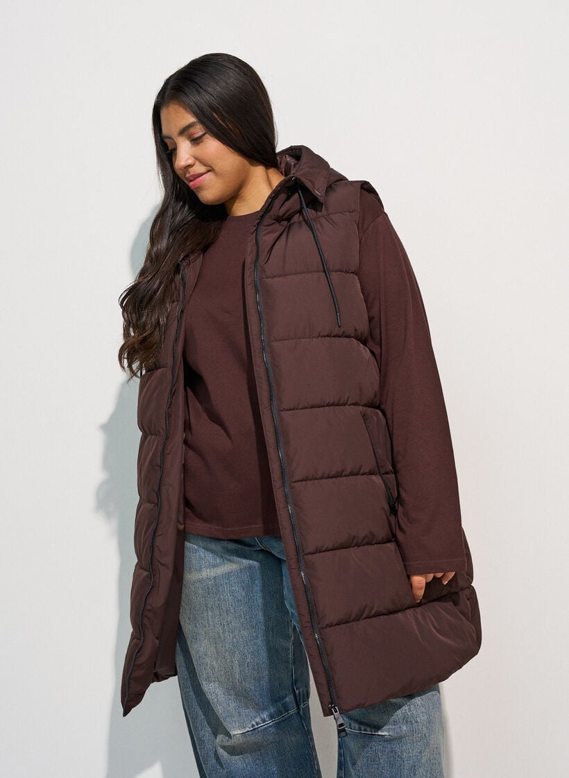 Lange vest met capuchon en zakken, Bruin, Model image number 3