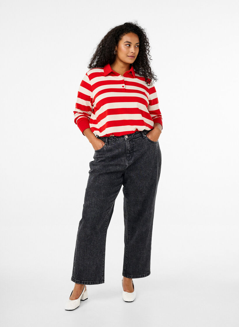 Polo à manches longues avec rayures, Rouge, Model image number 1