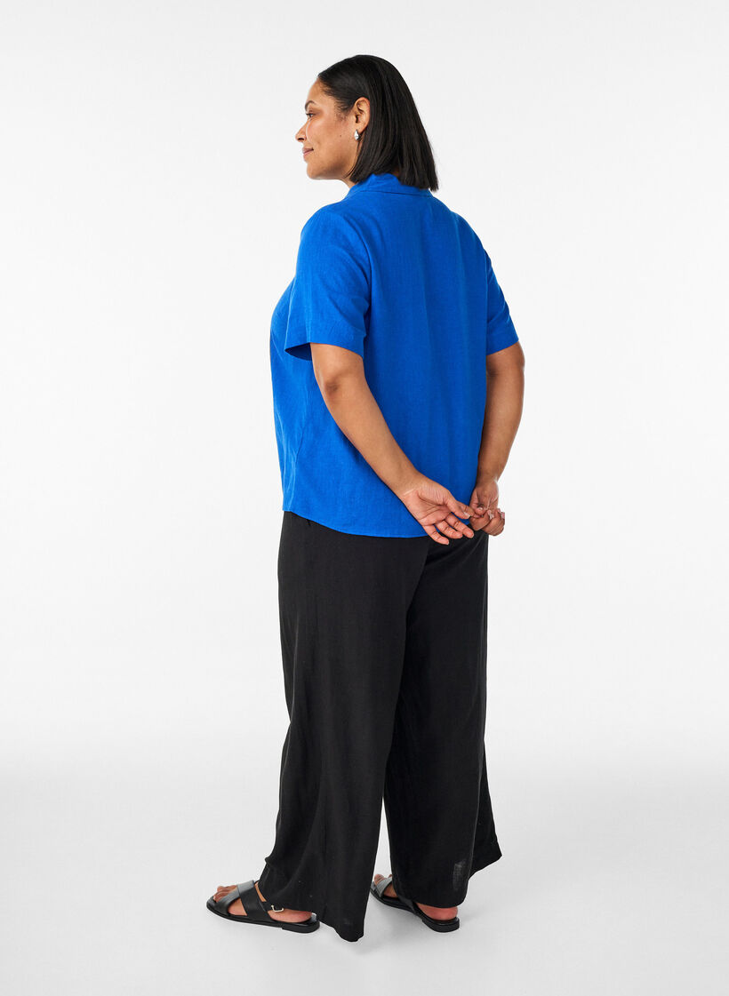 Wijde linnen en viscose broek, Zwart, Model image number 1