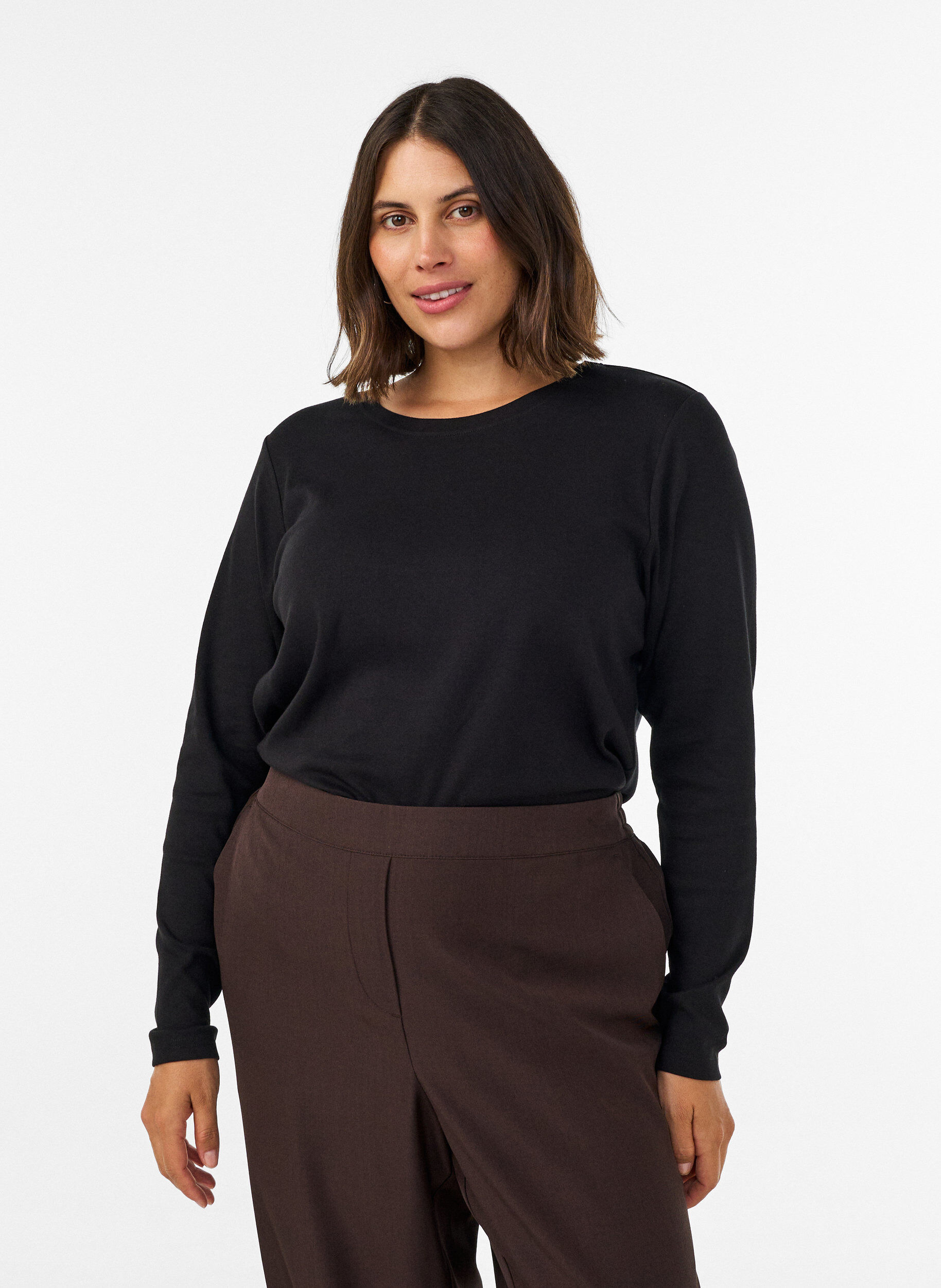 ZizziBasic T-shirt met lange mouwen en ronde hals, Zwart, Model image number 0