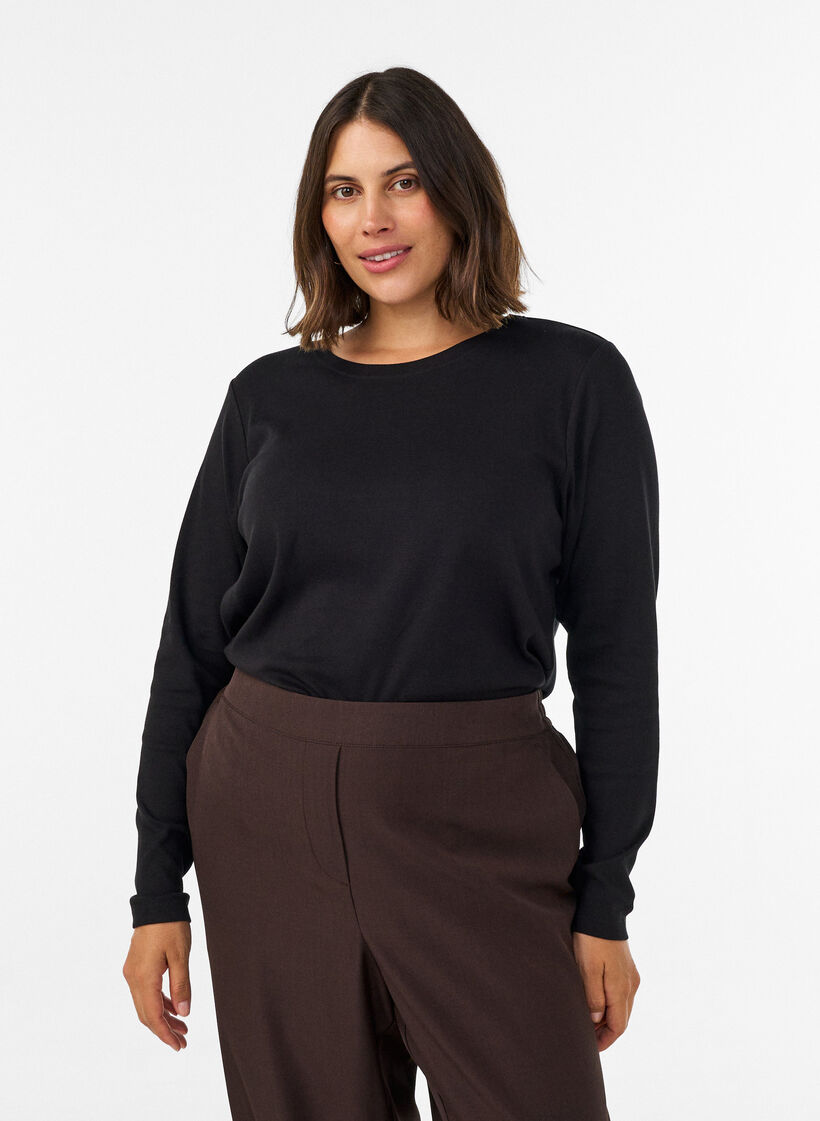 Basic T-shirt met lange mouwen en ronde hals, Zwart, Model image number 0