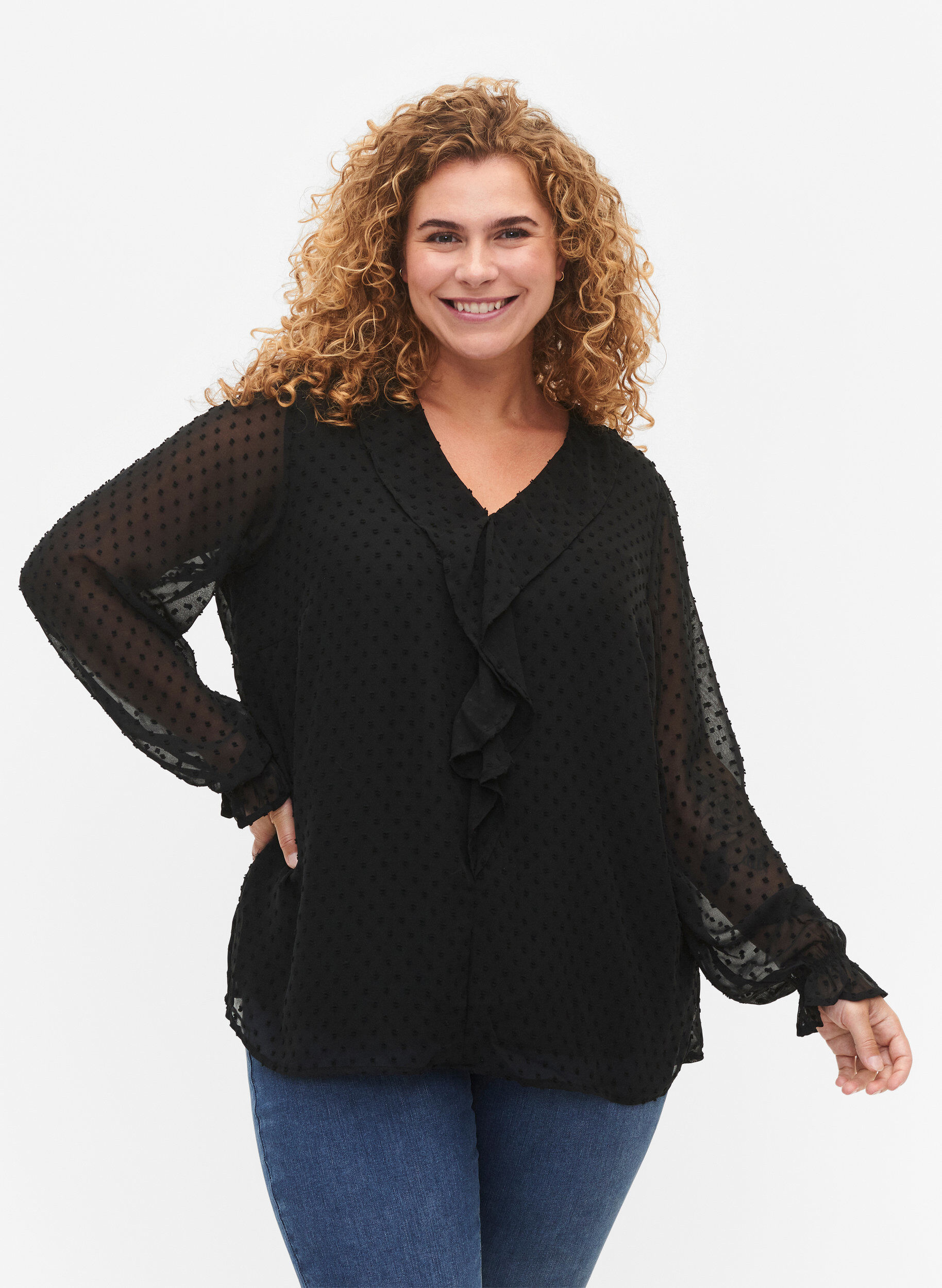 ZizziBlouse met ruches en gestippelde structuur, Black, Model image number 0