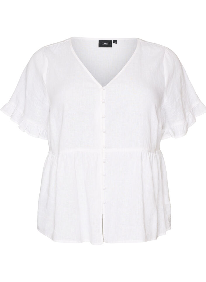 Blouse en lin et viscose avec un col en V et une fermeture boutonn&eacute;e, Blanc, Packshot image number 0