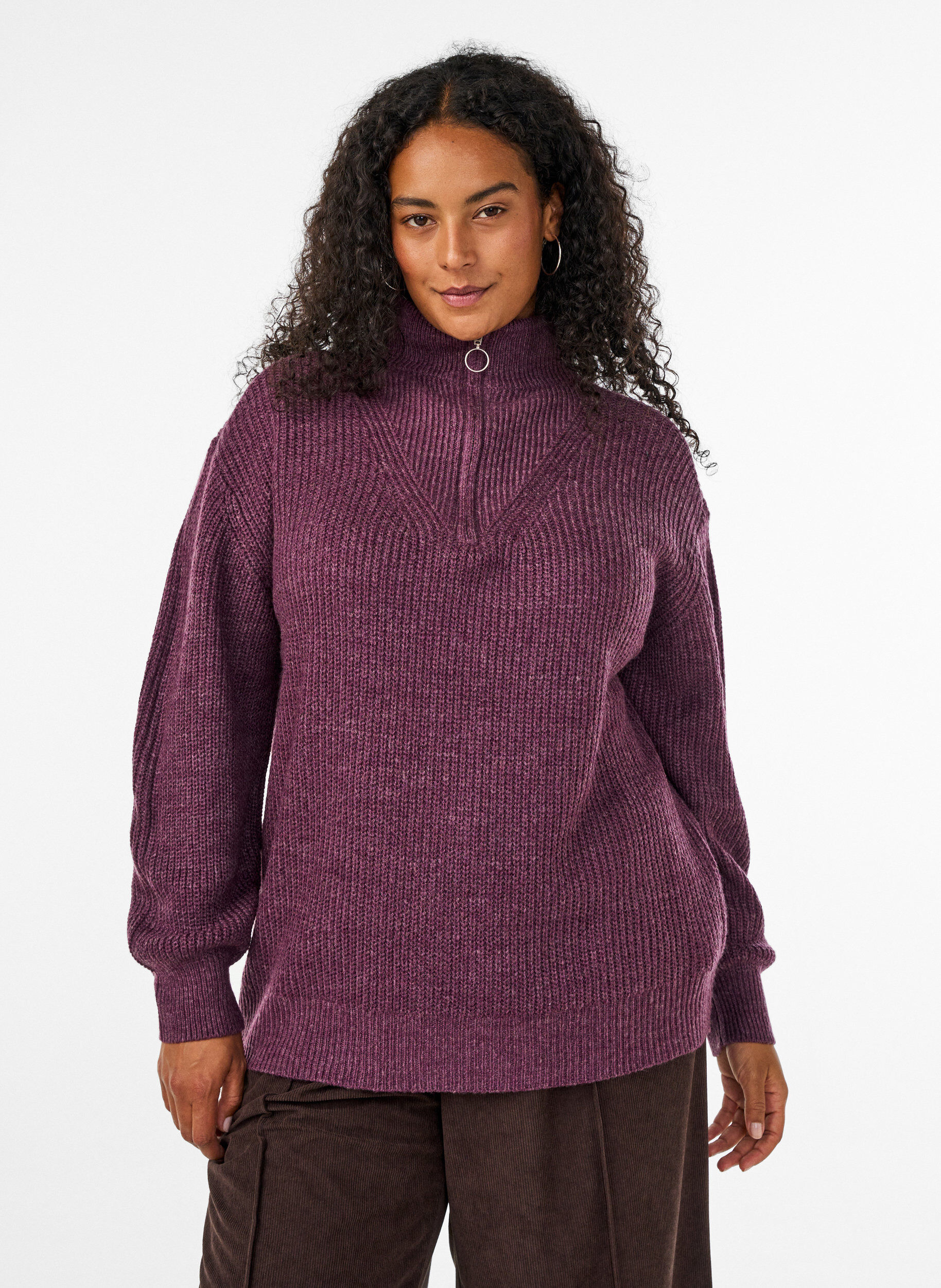 ZizziGebreide trui met hoge hals en rits, Paars, Model image number 0