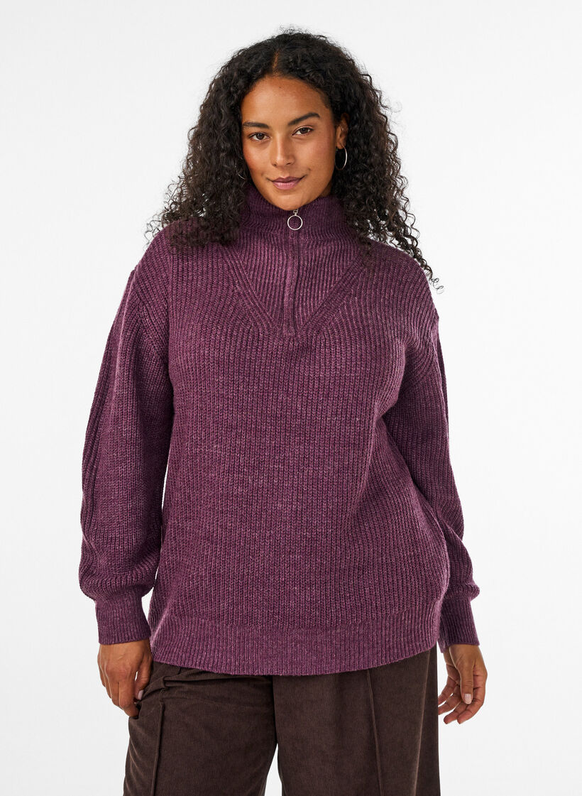 Gebreide trui met hoge hals en rits, Paars, Model image number 0