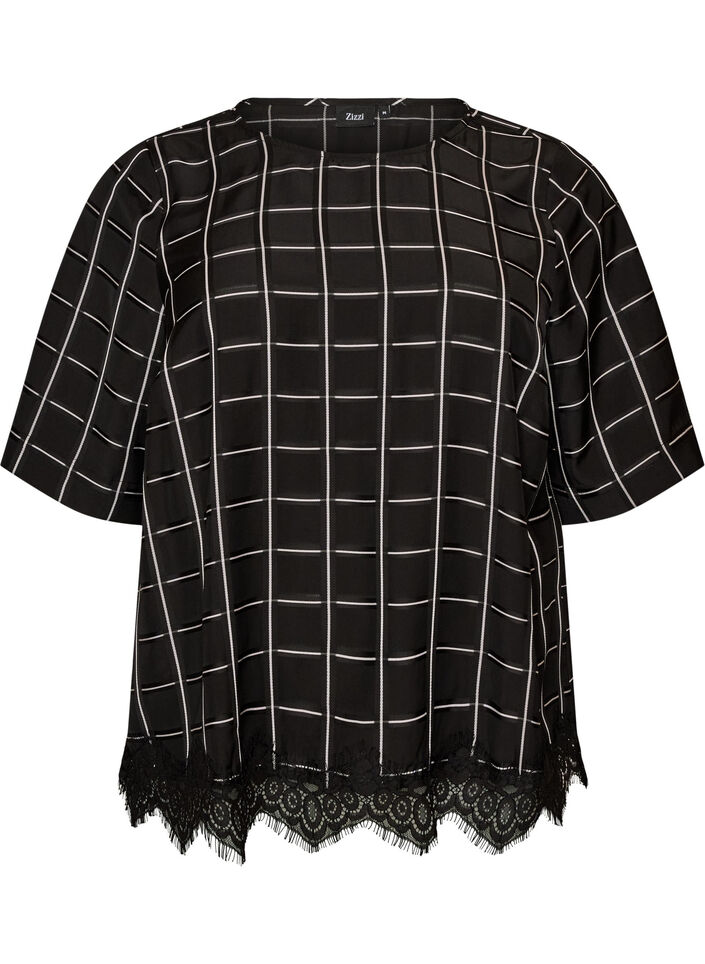 Blouse met ruitjes, kanten afwerking en ellebooglange mouwen, Zwart, Packshot image number 0