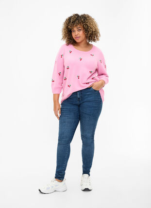 Gebreide blouse met 3/4 mouwen en kersen, B.Pink/Wh.Mel/Cherry, Model image number 2