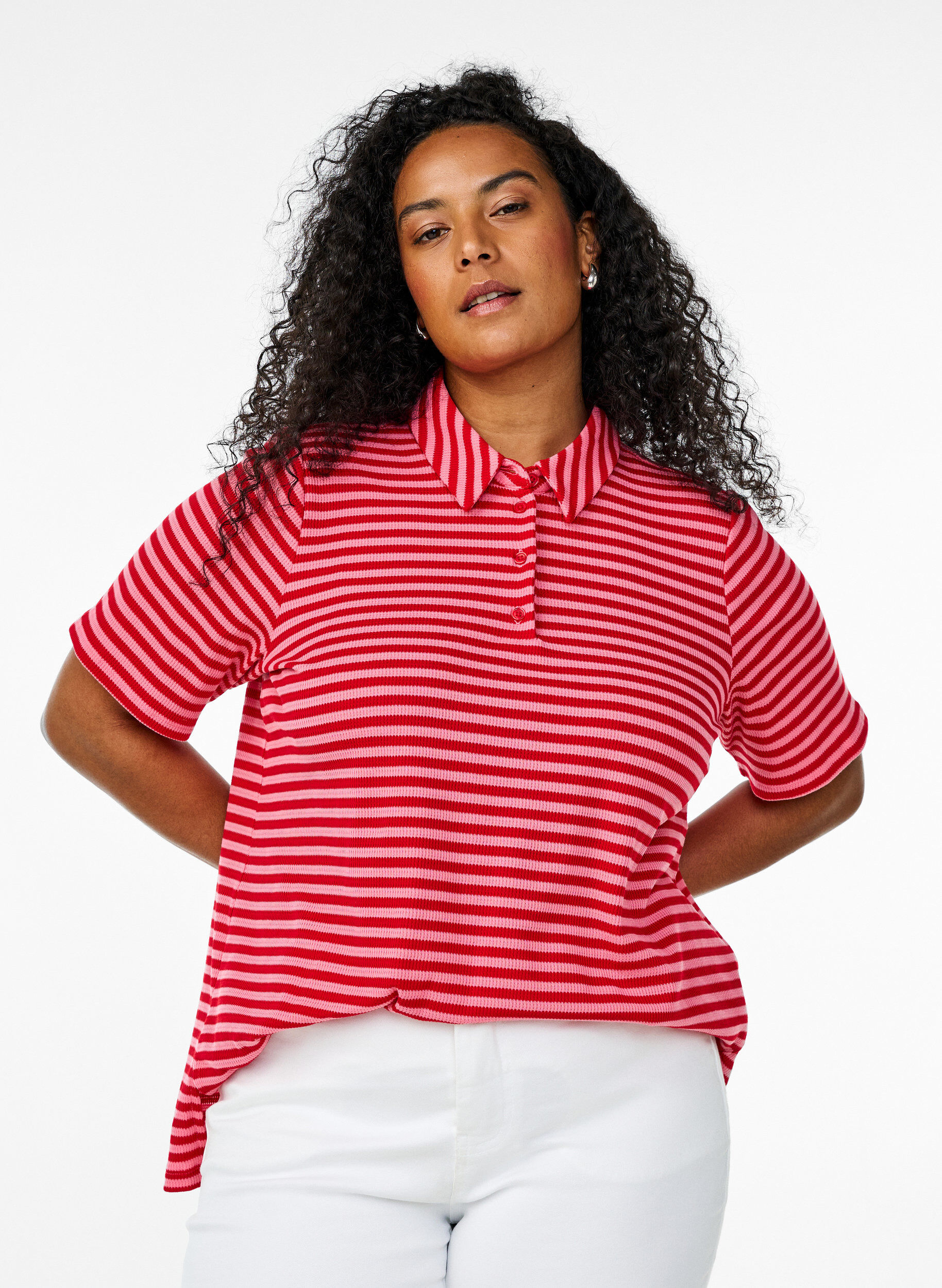 Gestreept poloshirt met korte mouwen, Roze, Model