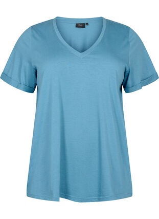 T-shirt en coton à encolure en V, Aegean Blue, Packshot image number 0