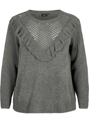 Pull en laine tricoté avec jabots, Dark Grey Melange, Packshot image number 0
