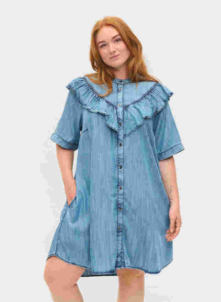Denim jurk met ruches en korte mouwen, Blue denim, Model image number 0