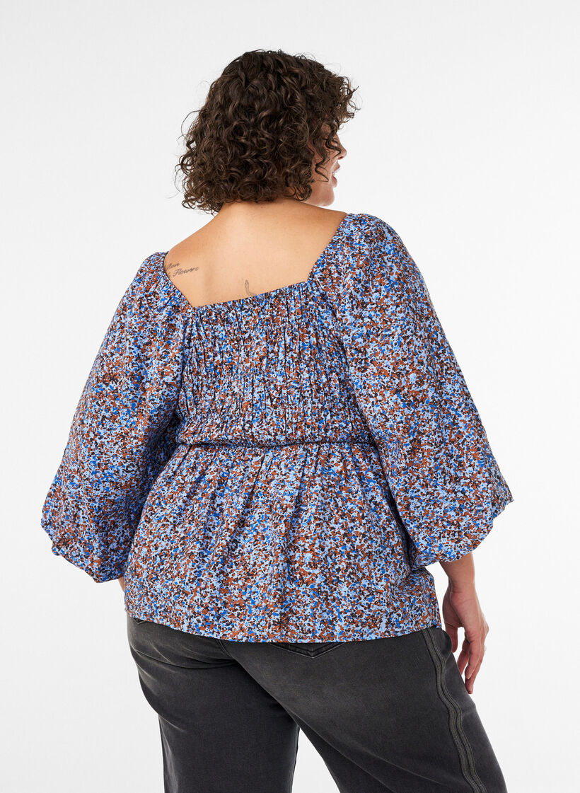 Blouse met smock en vierkante halslijn, Blauw, Model image number 2