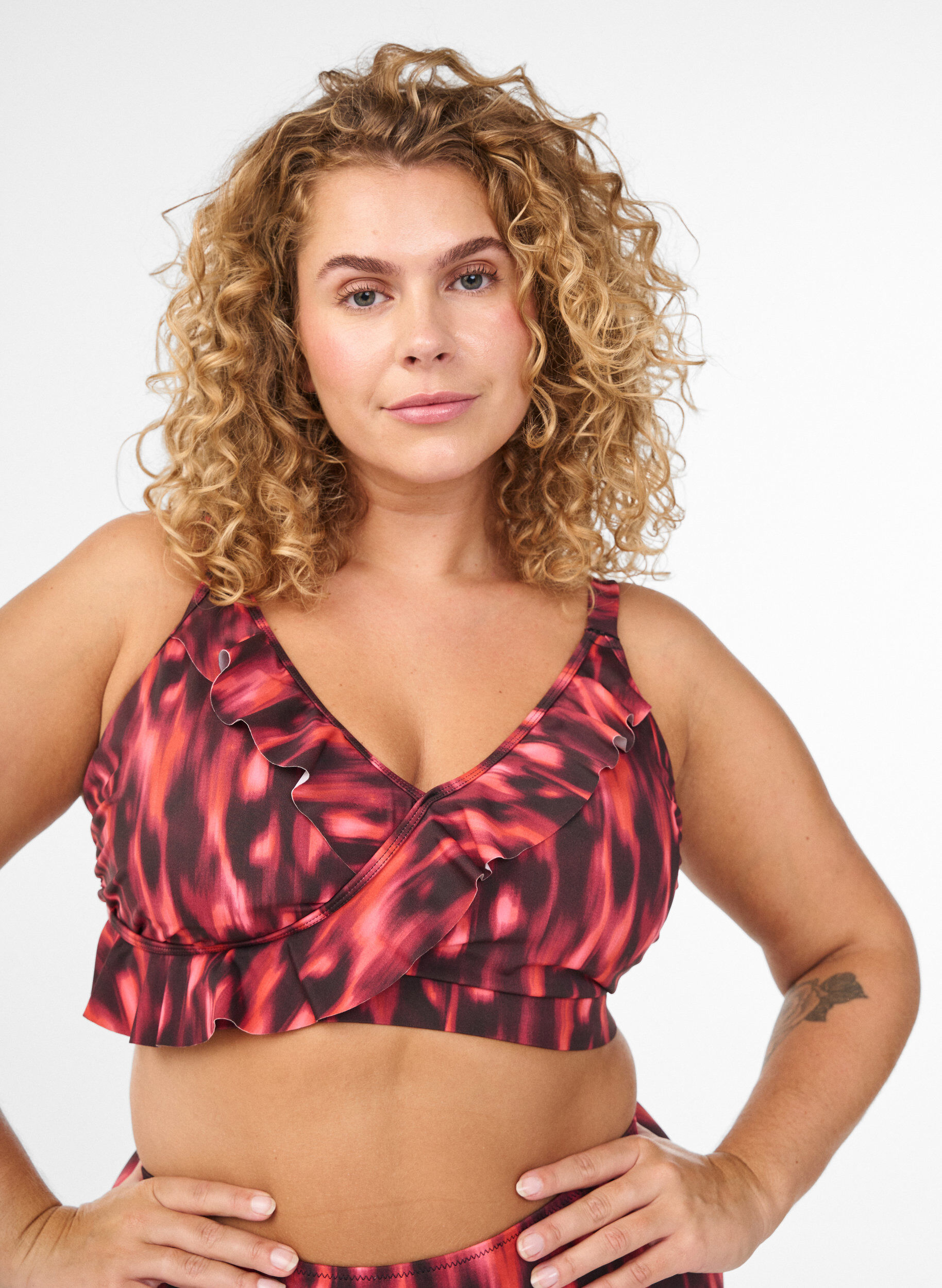 Bikinitop met print en ruchesdetails, Roze, Model
