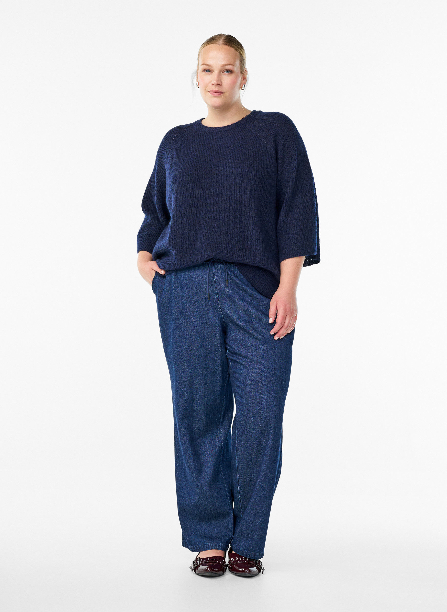 ZizziGeribde trui met 3/4 mouwen, Blauw, Model image number 1