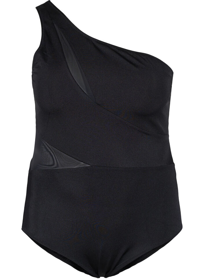 Maillot de bain uni-&eacute;paule en maille, Black, Packshot image number 0