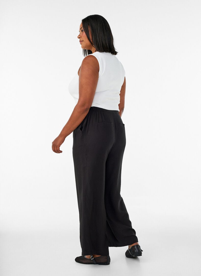 Pantalon en viscose avec taille &eacute;lastiqu&eacute;e et jambes droites, Noir, Model image number 1