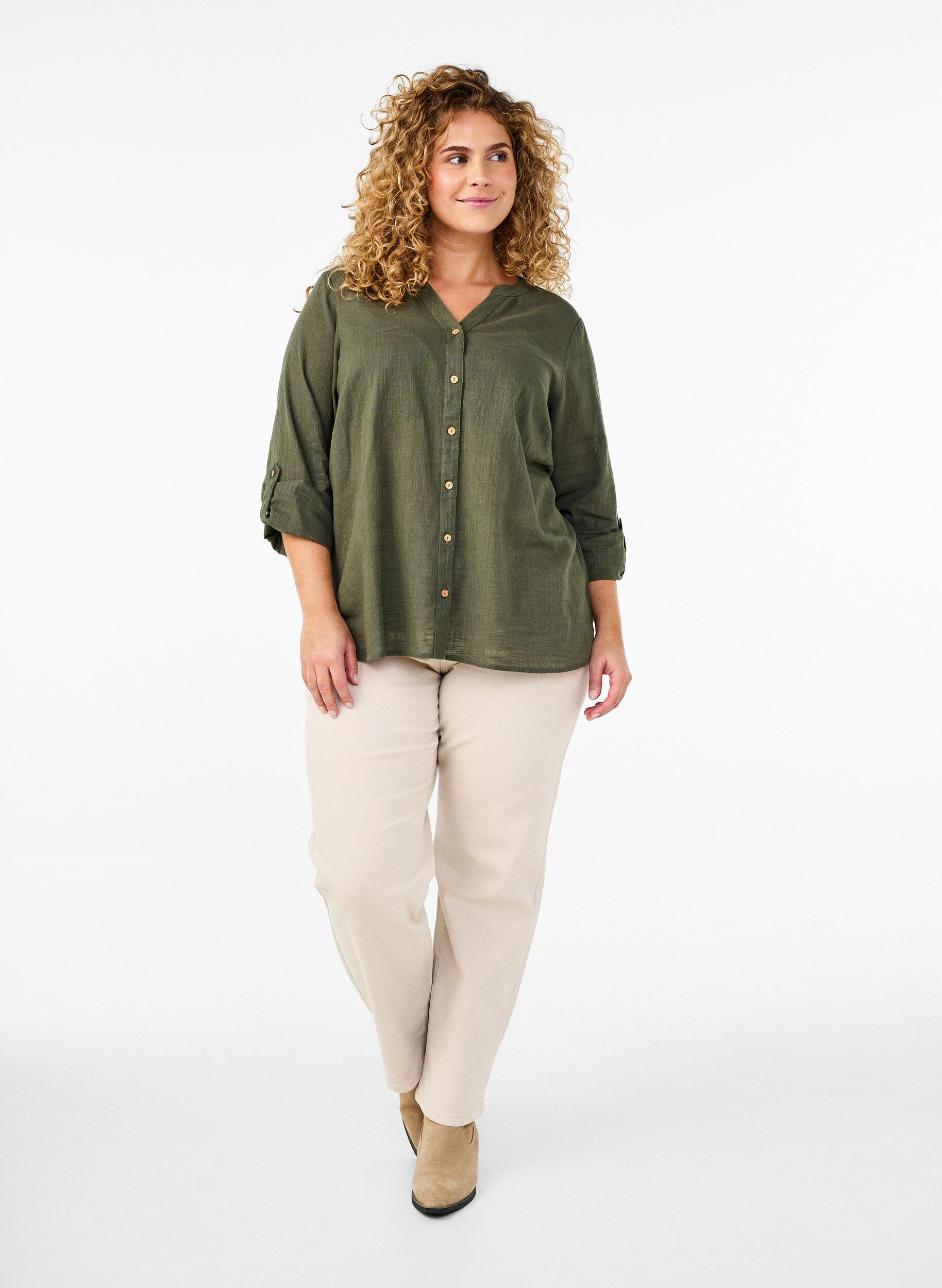 ZizziKatoenen blouse met een V-hals, Groen, Model image number 1