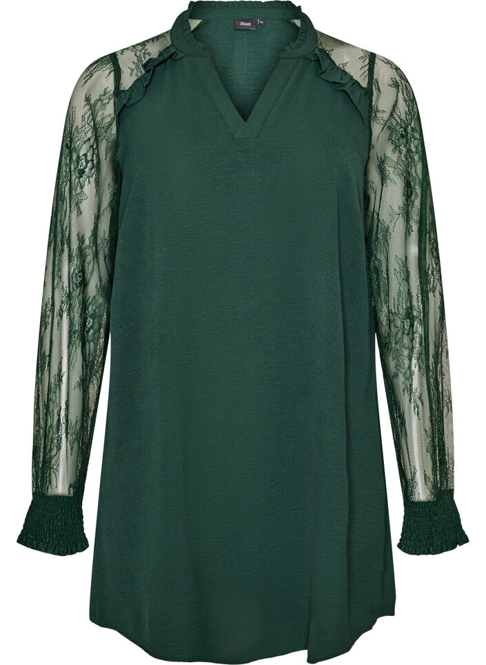 Tunique avec manches en dentelle transparente, Vert fonc&eacute;, Packshot image number 0