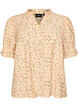 Viscose bloemenblouse met korte mouwen en een rucheskraag, Geel, Packshot image number 0