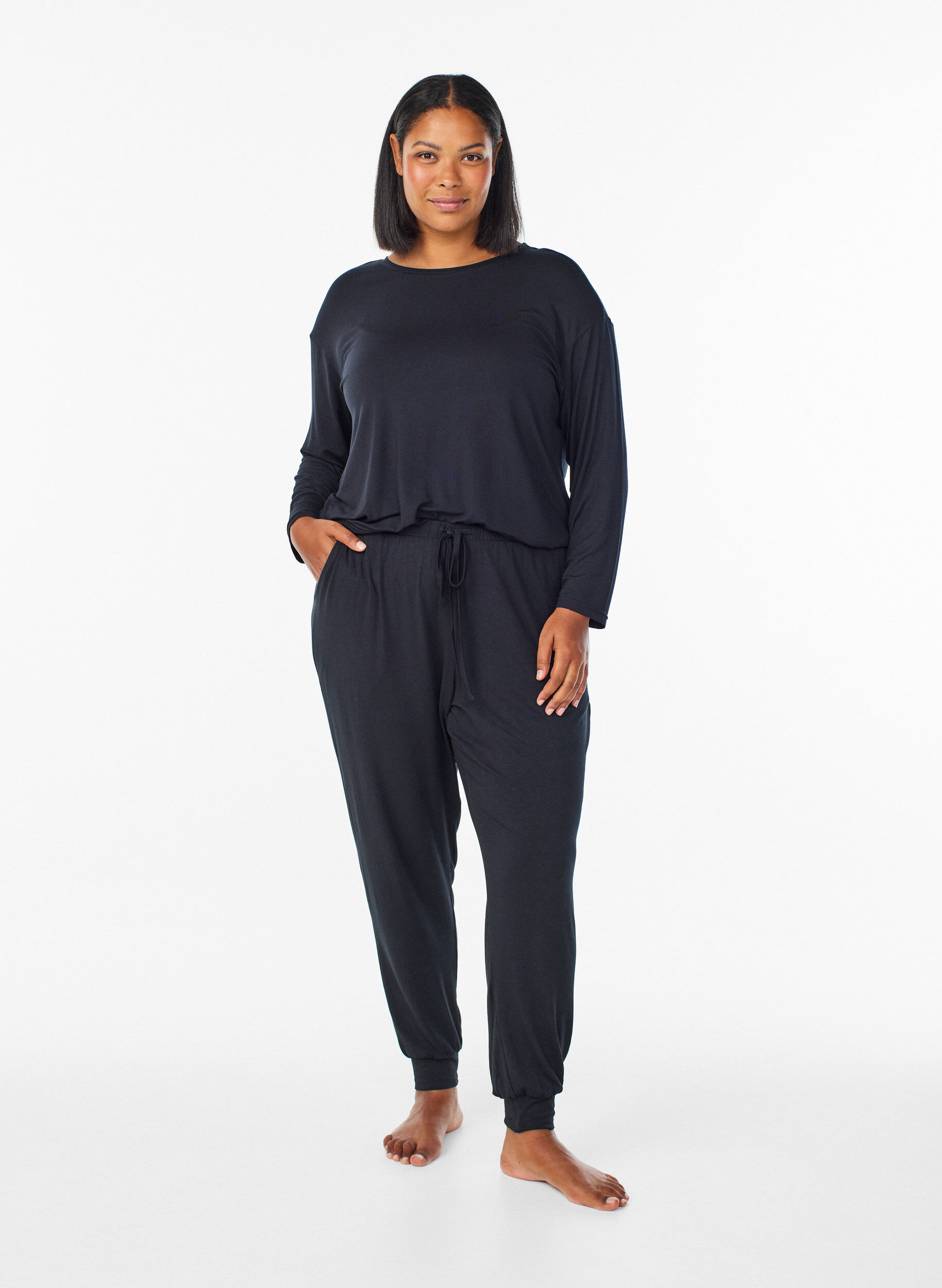 Nachtbroek van modal met hoge taille, Zwart, Model