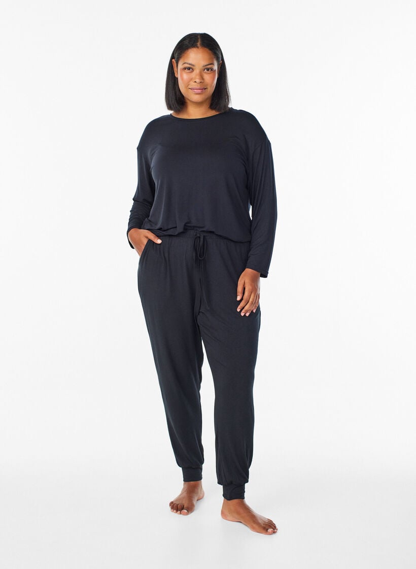 Nachtbroek van modal met hoge taille, Zwart, Model image number 0