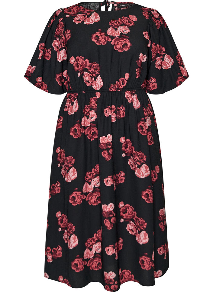 Midi-jurk met rozenprint en korte ballonmouwen, Zwart, Packshot image number 0