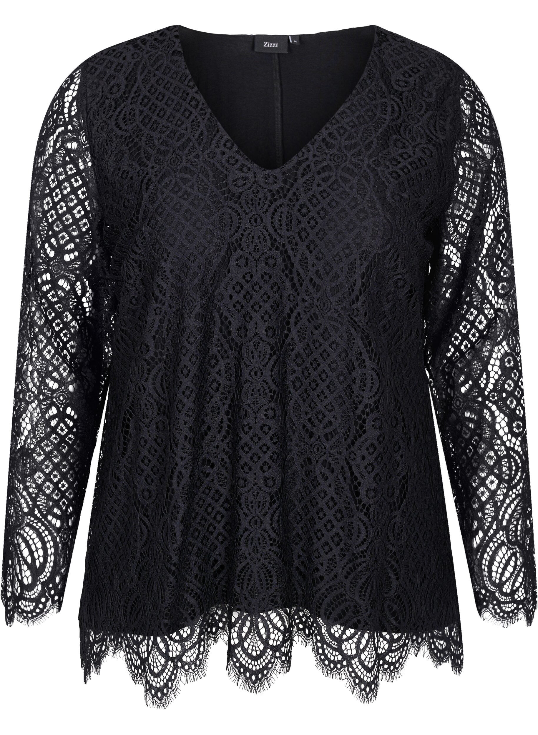 Zizzi Blouse en dentelle &agrave; manches longues avec col en V, Black, Packshot image number 0