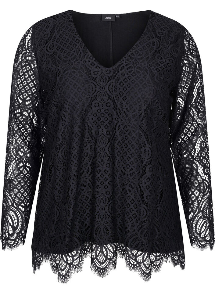 Blouse en dentelle à manches longues avec col en V, Black, Packshot image number 0