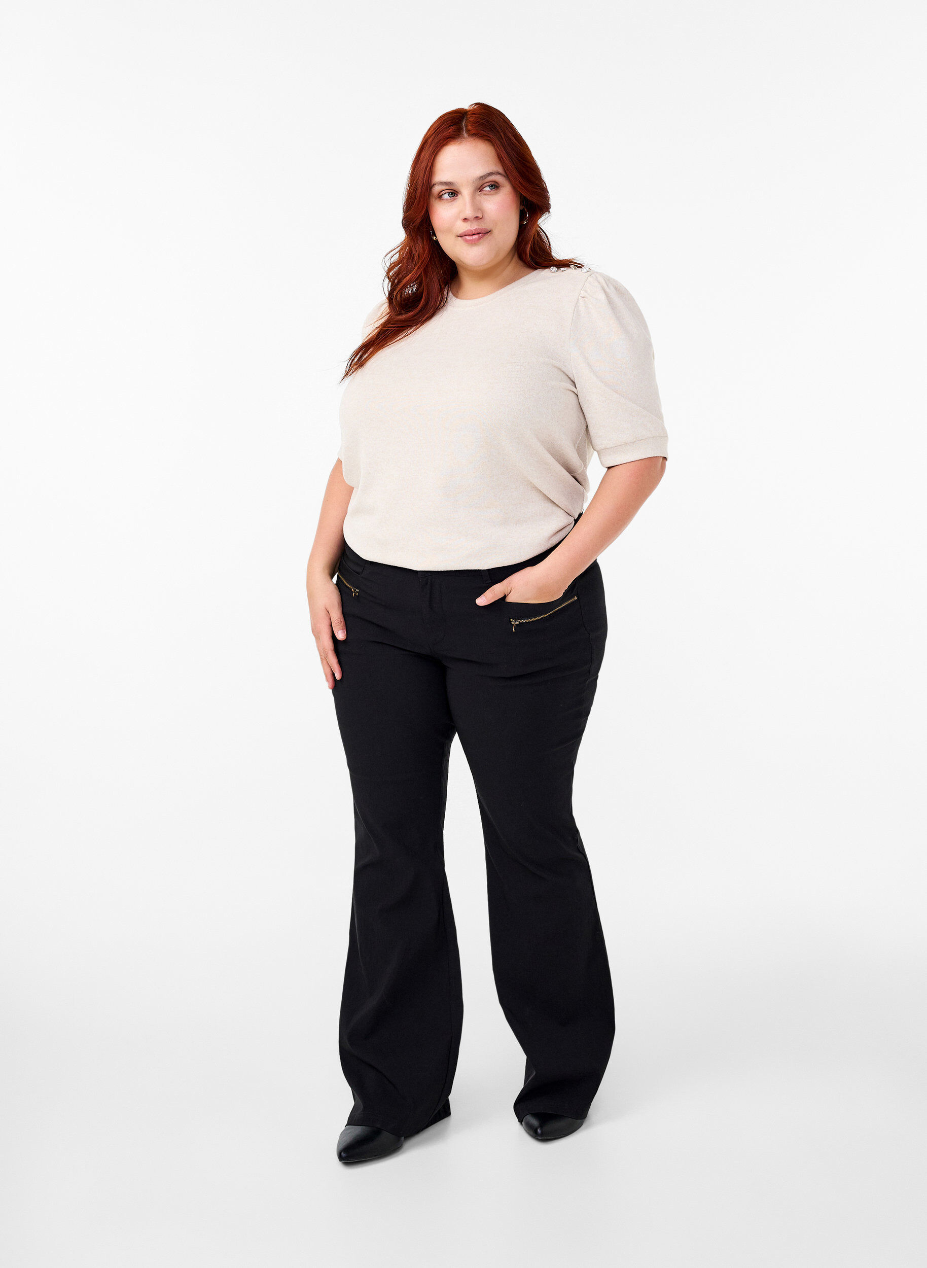 ZizziBlouse met knoopdetail en korte pofmouwen, Beige, Model image number 1