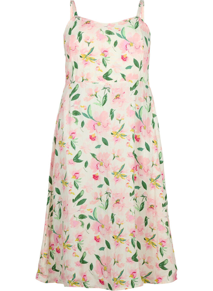 Gebloemde viscose strappy jurk met smock, Off White Flower, Packshot image number 0