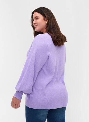 Pull en tricot à col en V et manches ballon, Purple Rose Mel, Model image number 1