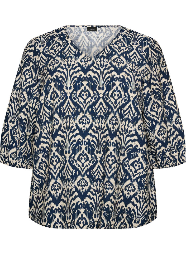 Blouse van viscose met patroon en 3/4-mouwen, Blauw, Packshot image number 0