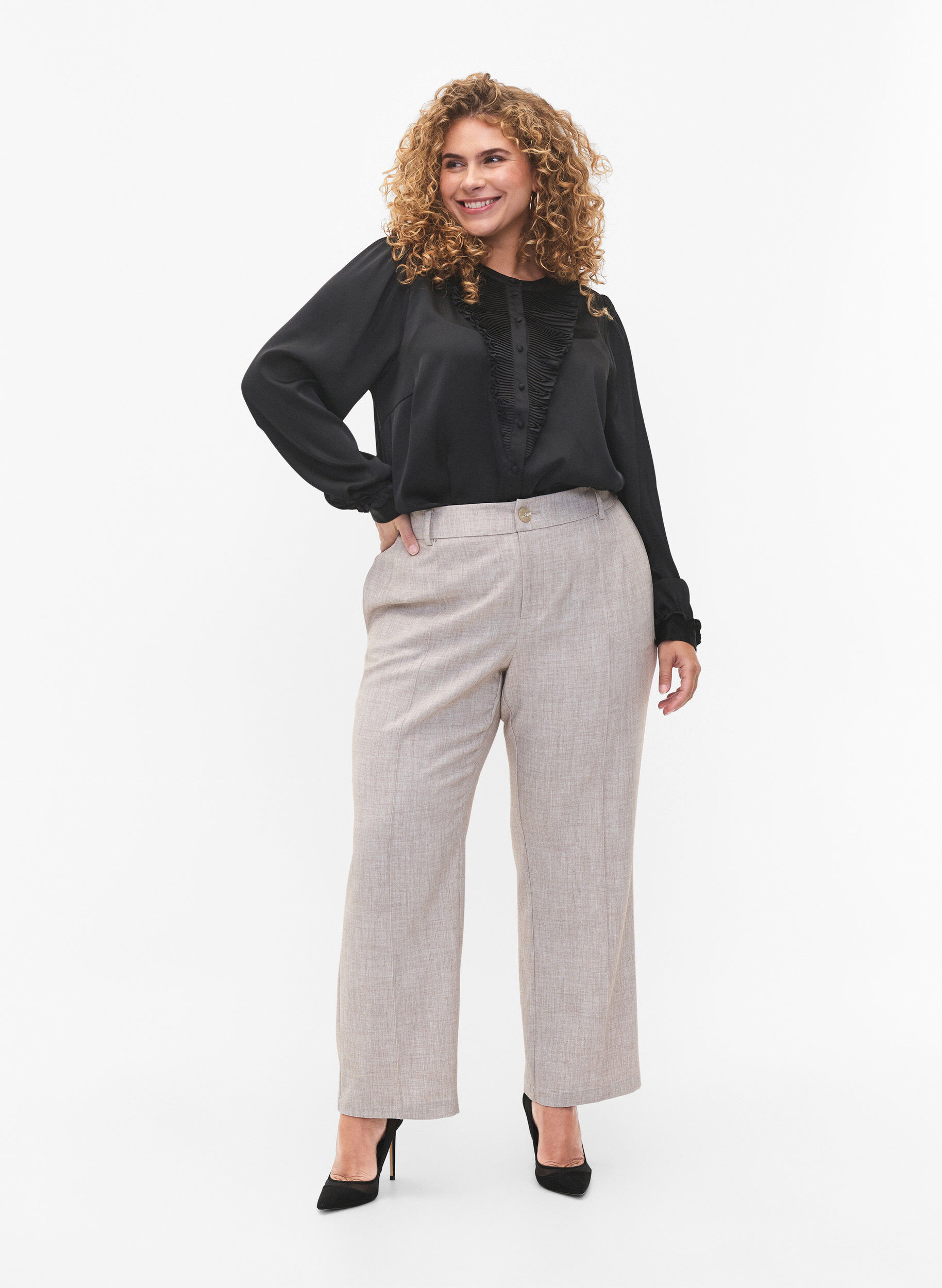 ZizziSatijnen overhemd blouse met ruches, Black, Model image number 2