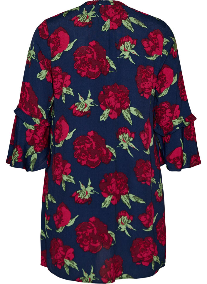 Bloemenjurk in viscose met ruches, Blauw, Packshot image number 1