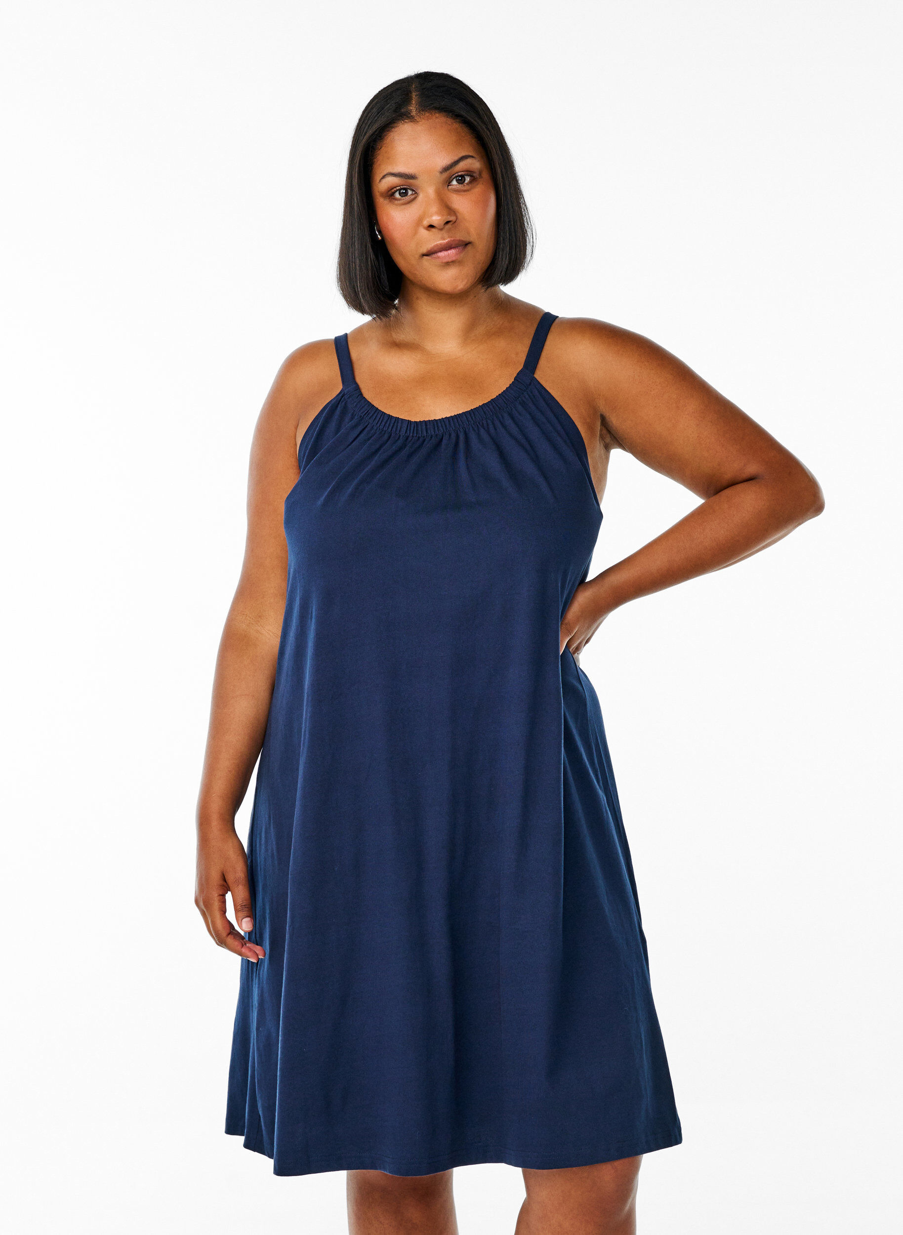 Jurk met middelhoge bandjes van biologisch katoen, Blauw, Model