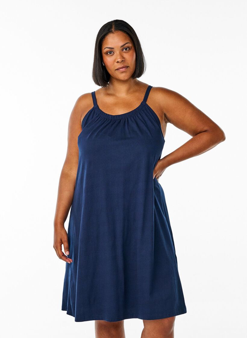 Jurk met middelhoge bandjes van biologisch katoen, Blauw, Model image number 0