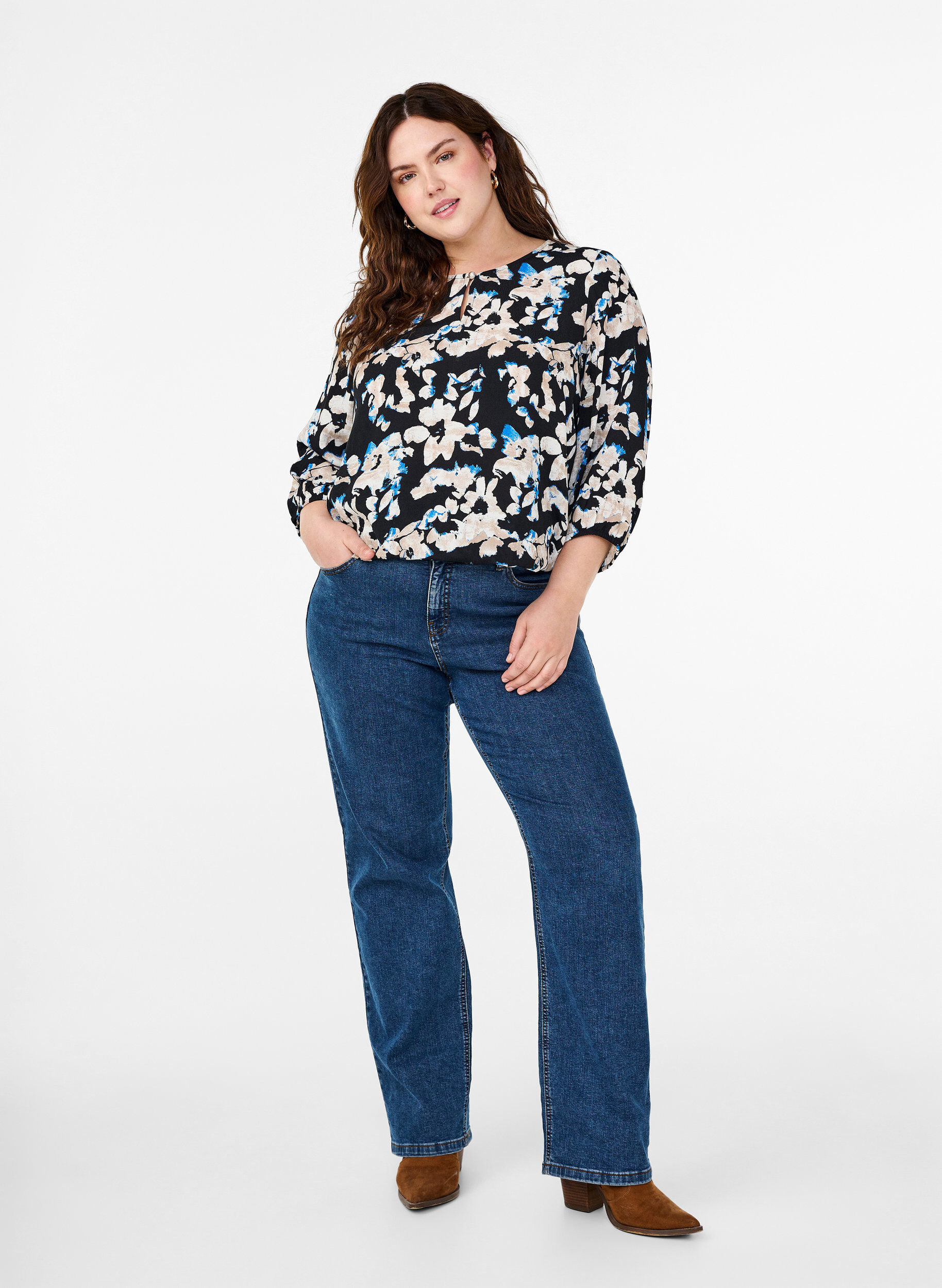 ZizziViscose blouse met print en smok, Zwart, Model image number 1