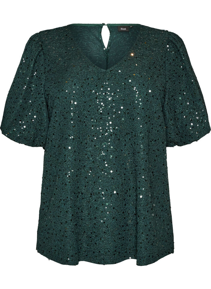 Blouse &agrave; sequins avec manches ballon, Vert fonc&eacute;, Packshot image number 0