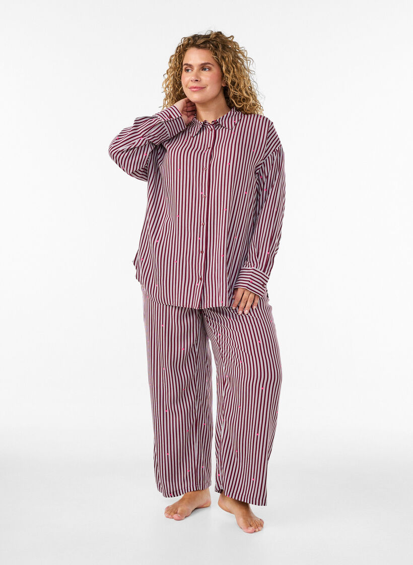 Pantalon de nuit ample &agrave; rayures et c&oelig;urs, Bordeaux fonc&eacute;, Model image number 0