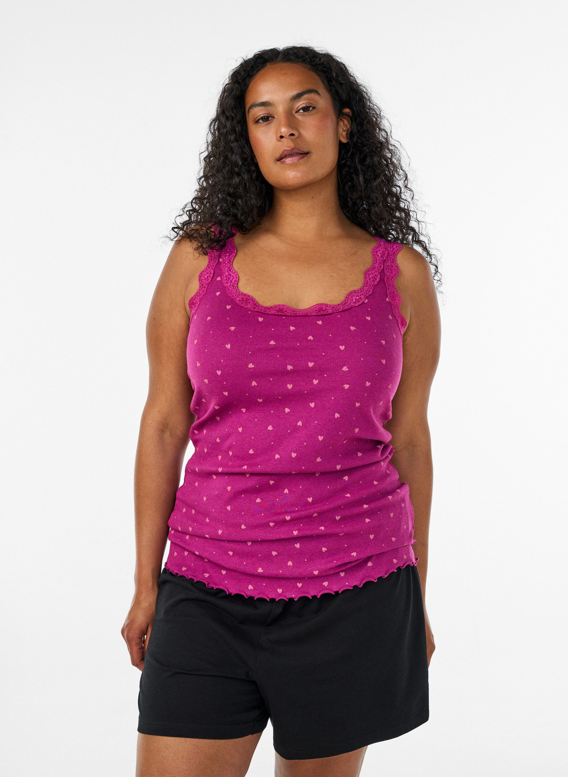 ZizziTop avec imprim&eacute; et bord en dentelle, Violet, Model image number 0