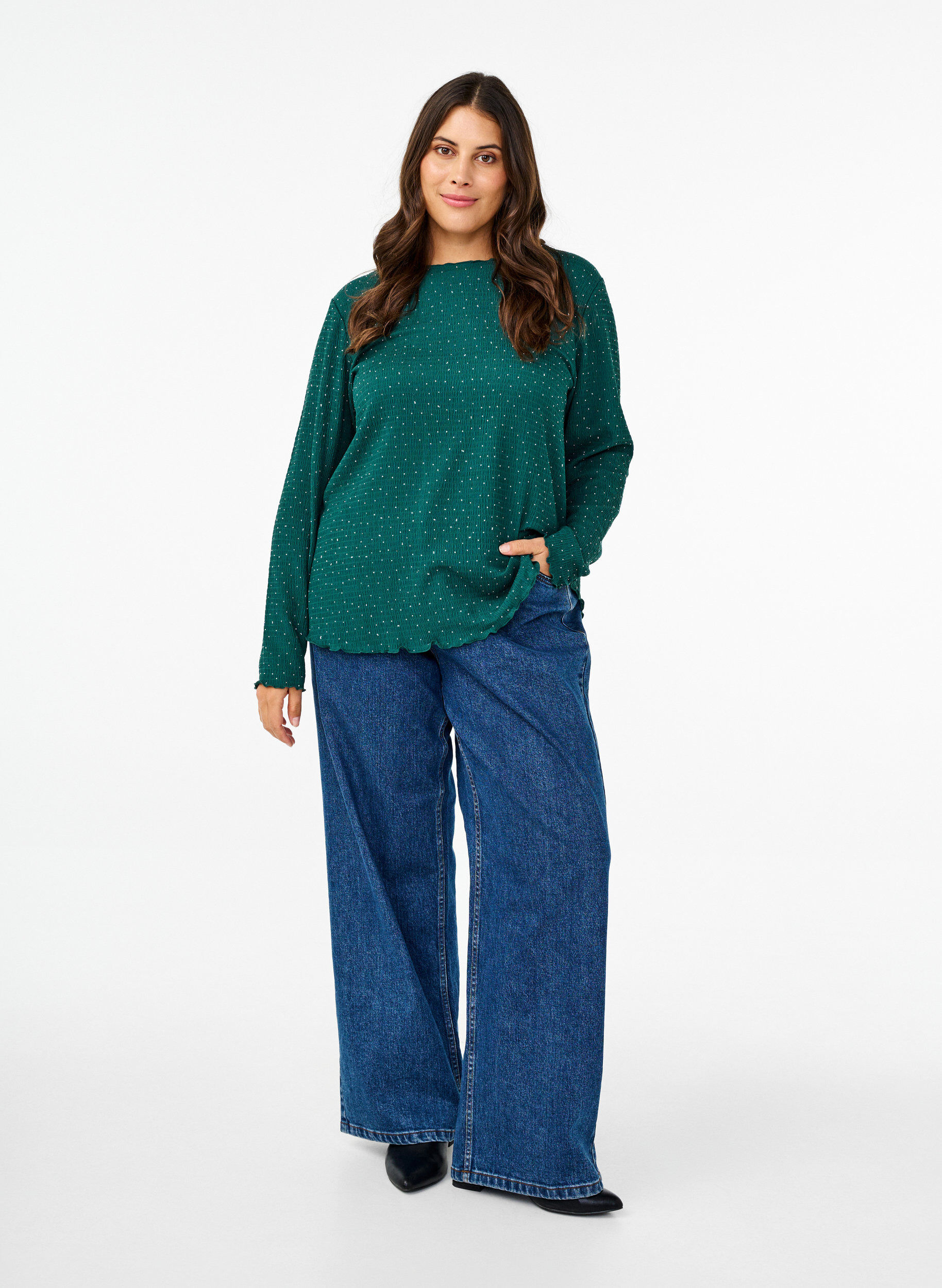 ZizziBlouse met lange mouwen en strassstenen, Groen, Model image number 1