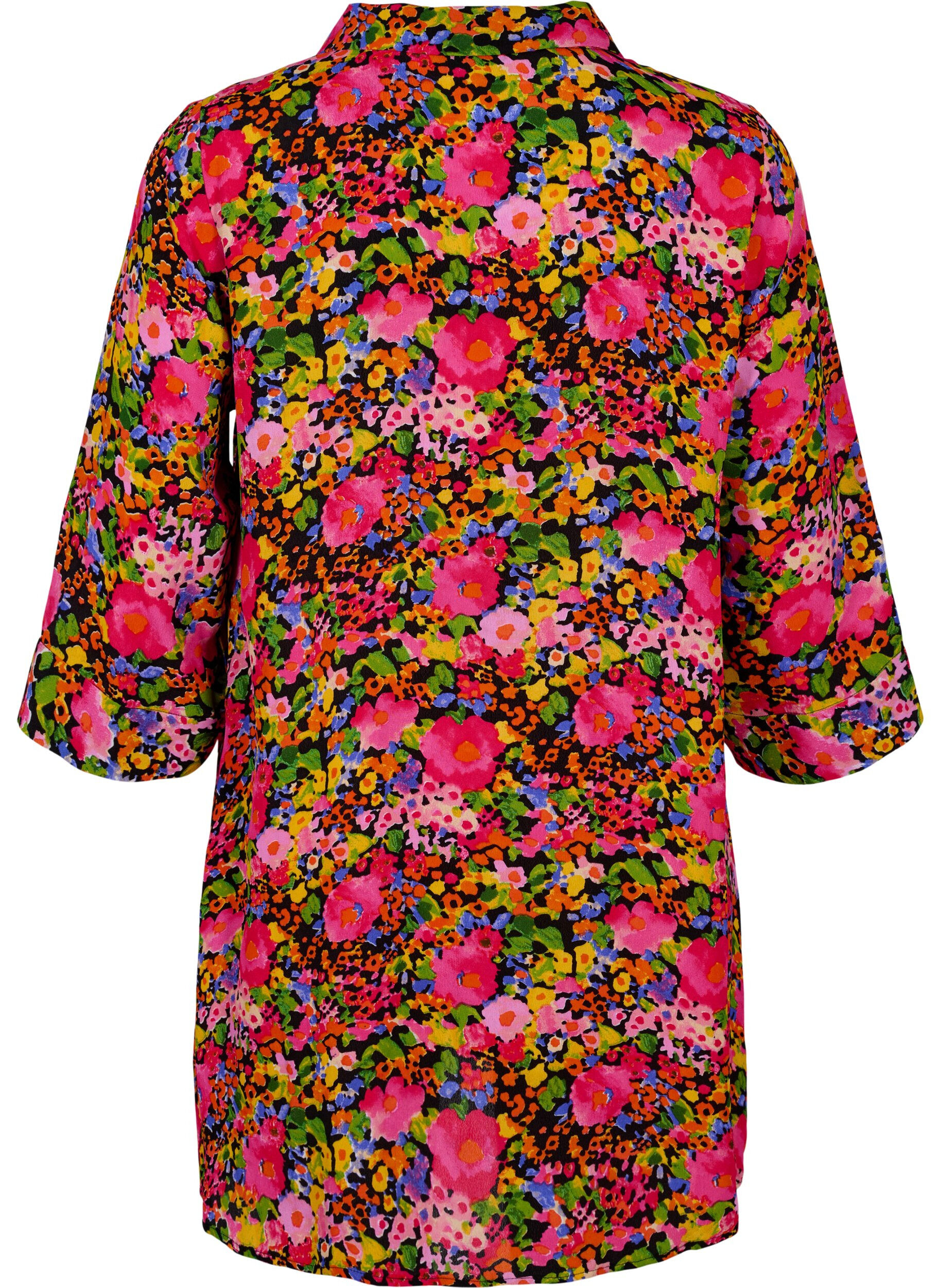 ZizziGebloemde viscose tuniek met 3/4 mouwen, Neon Flower Print, Packshot image number 1