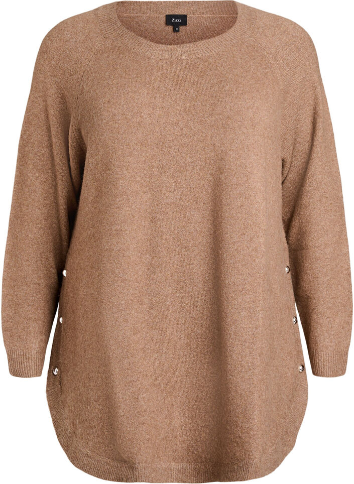 Lange gebreide blouse met balknopen, Bruin, Packshot image number 0