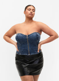 Top corset en denim avec fermeture éclair, Blue denim, Model